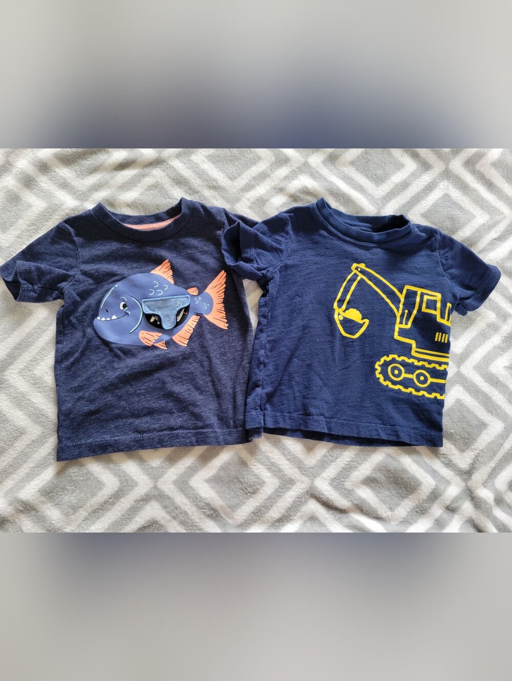 Boys 18 months 2-pack blue t-shirts with fish and excavator